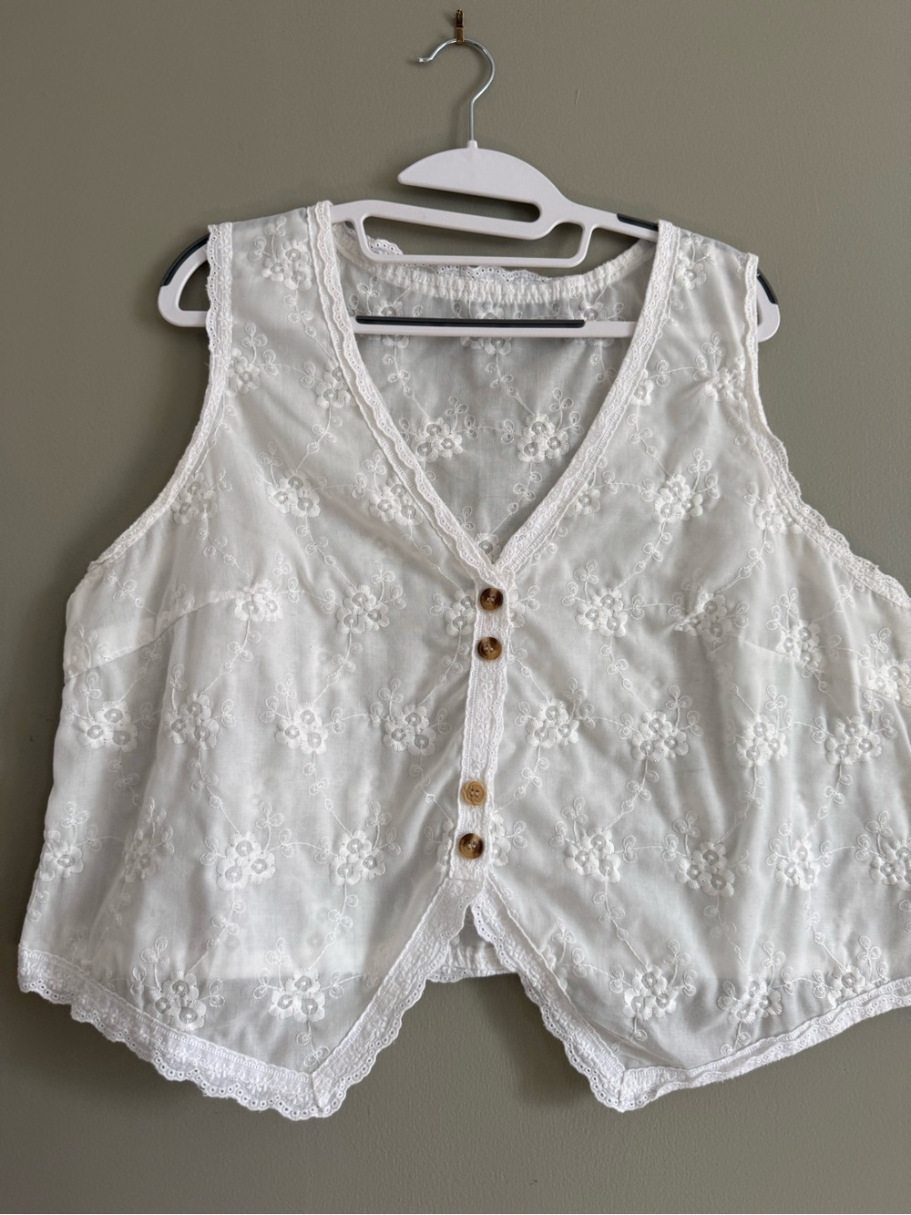 White Semi Sheer Eyelet Embroidered Lace Button Front Vest Cottagecore Boho XL